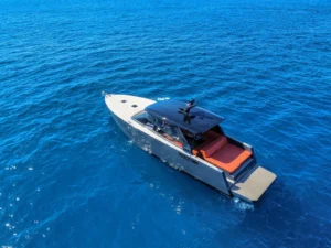 Aerial view of the Colnago 45 motor boat on the Adriatic Sea