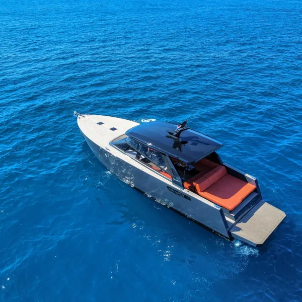 Aerial view of the Colnago 45 motor boat on the Adriatic Sea
