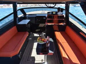 Interior cockpit view on the Colnago 45 during a private boat tour