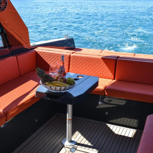 Rear seating area onboard the Colnago 45 motor boat