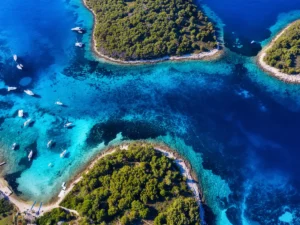 Aerial view of island hopping during a private boat tour near Split, Croatia