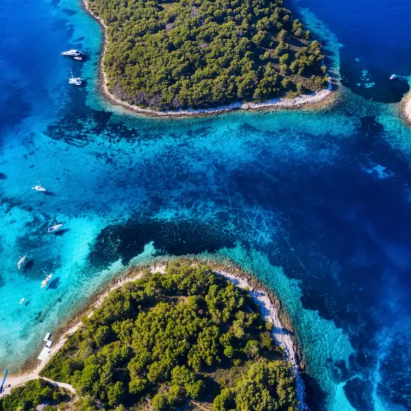 Aerial view of island hopping during a private boat tour near Split, Croatia