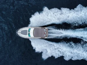 Aerial view of the Jeanneau Prestige 32 cruising at sea during a private boat tour from Split