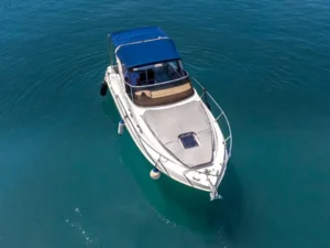 Aerial front view of the Saver Riviera 24 motor boat anchored at sea near Split