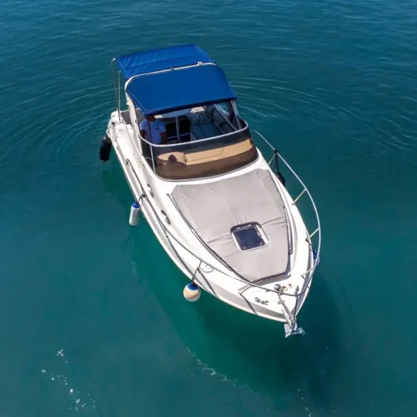 Aerial front view of the Saver Riviera 24 motor boat anchored at sea near Split