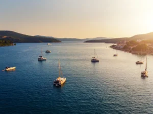Sunset view of boats during a private boat tour near Split, Croatia
