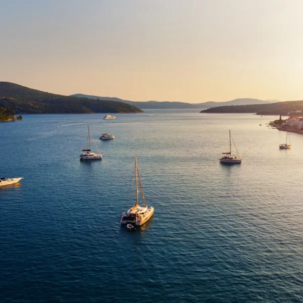 Aerial view of Hvar island and the Adriatic Sea during Hvar Horizons boat tour