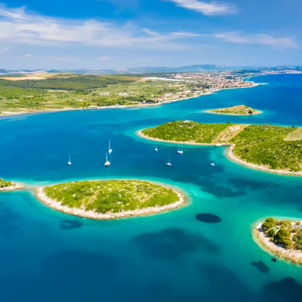 Aerial view of the Pakleni Islands during the Adriatic Odyssey private boat tour in Croatia