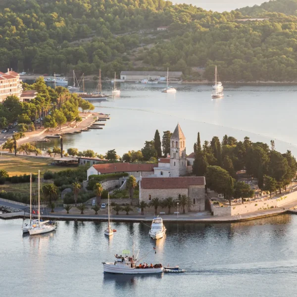 View of Vis Town harbour on Vis island during Vis Voyage boat tour from Split